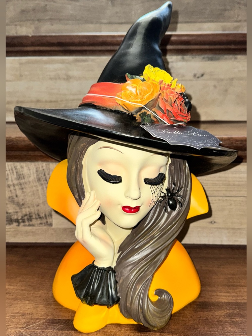 Cute 😘16” Bella Lux Floral Halloween Witch Bust with Spider Long Lash Viral New